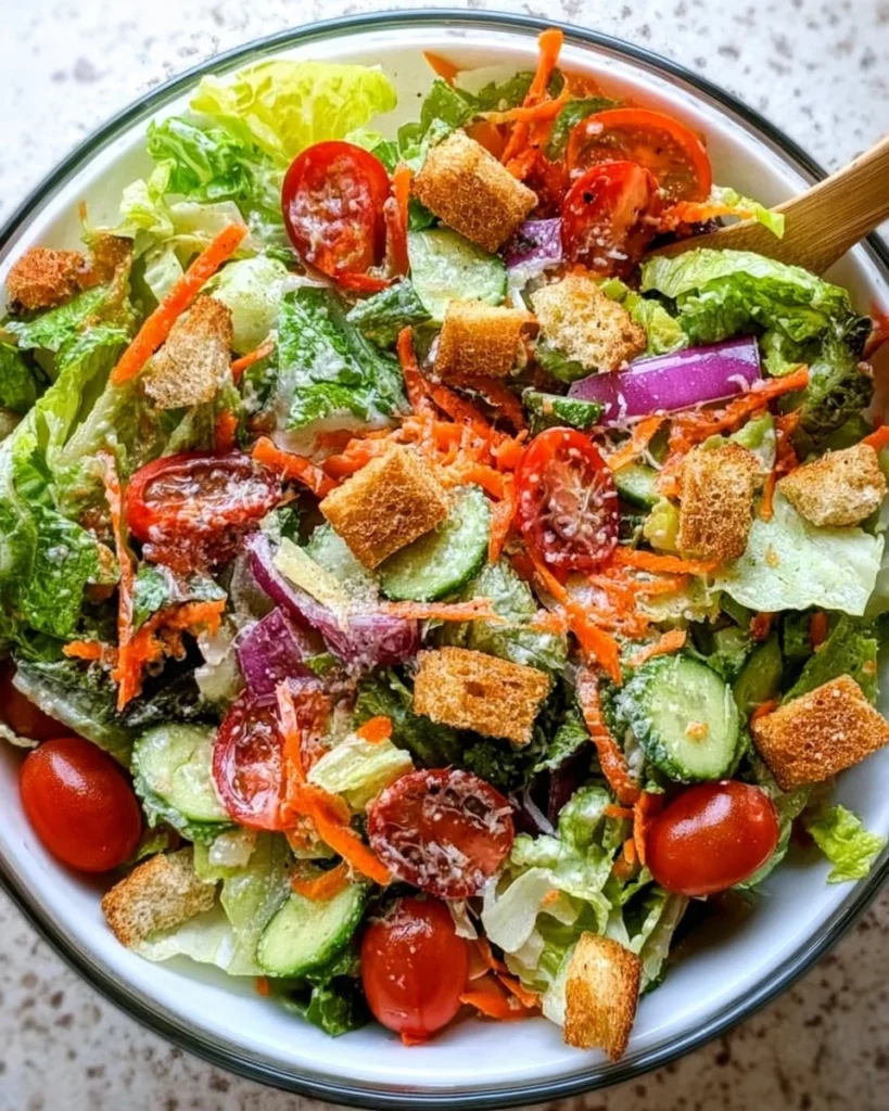 Classic house salad with fresh vegetables and dressing served in a bowl