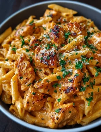 Delicious Cowboy Butter Chicken Pasta served in a bowl garnished with herbs