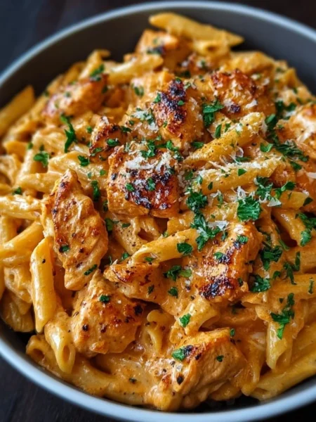 Delicious Cowboy Butter Chicken Pasta served in a bowl garnished with herbs