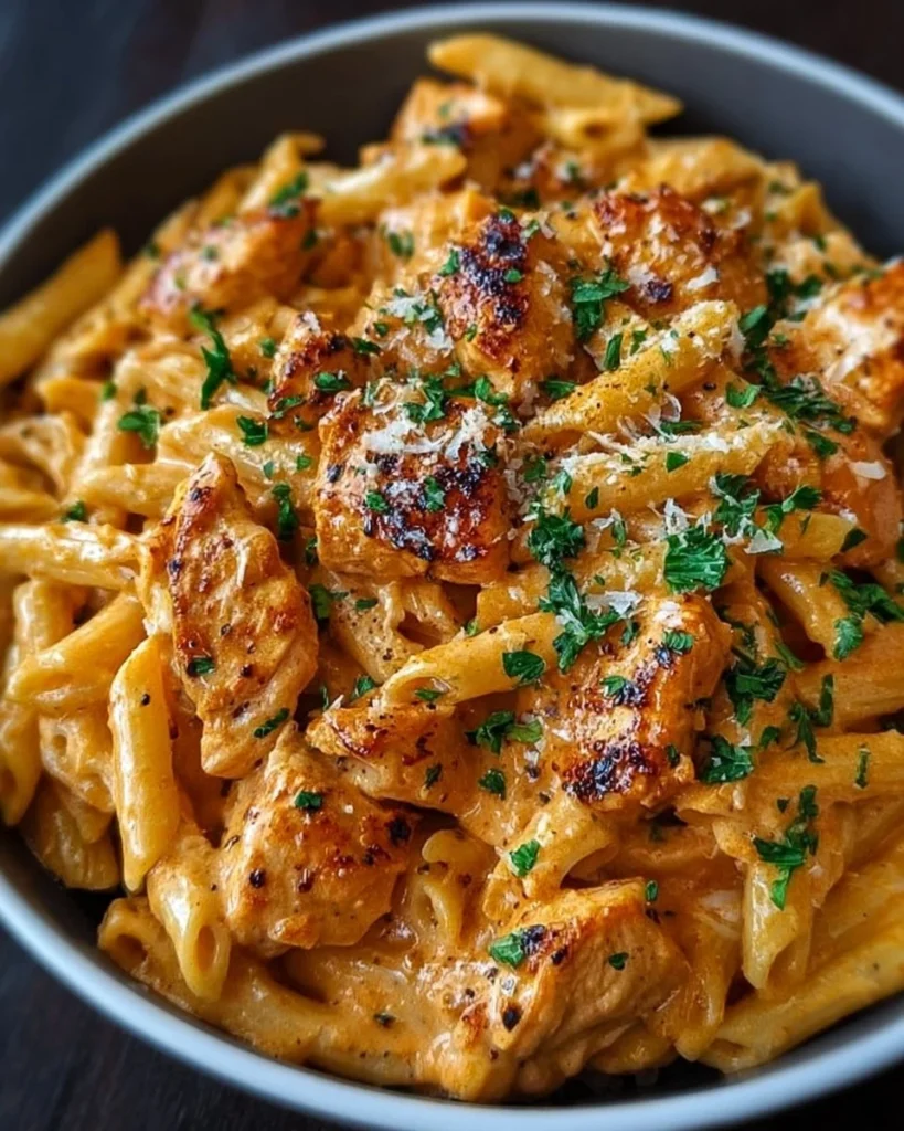 Delicious Cowboy Butter Chicken Pasta served in a bowl garnished with herbs