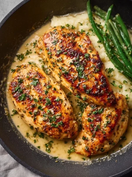 Creamy Garlic Parmesan Chicken Breast served on a plate with herbs