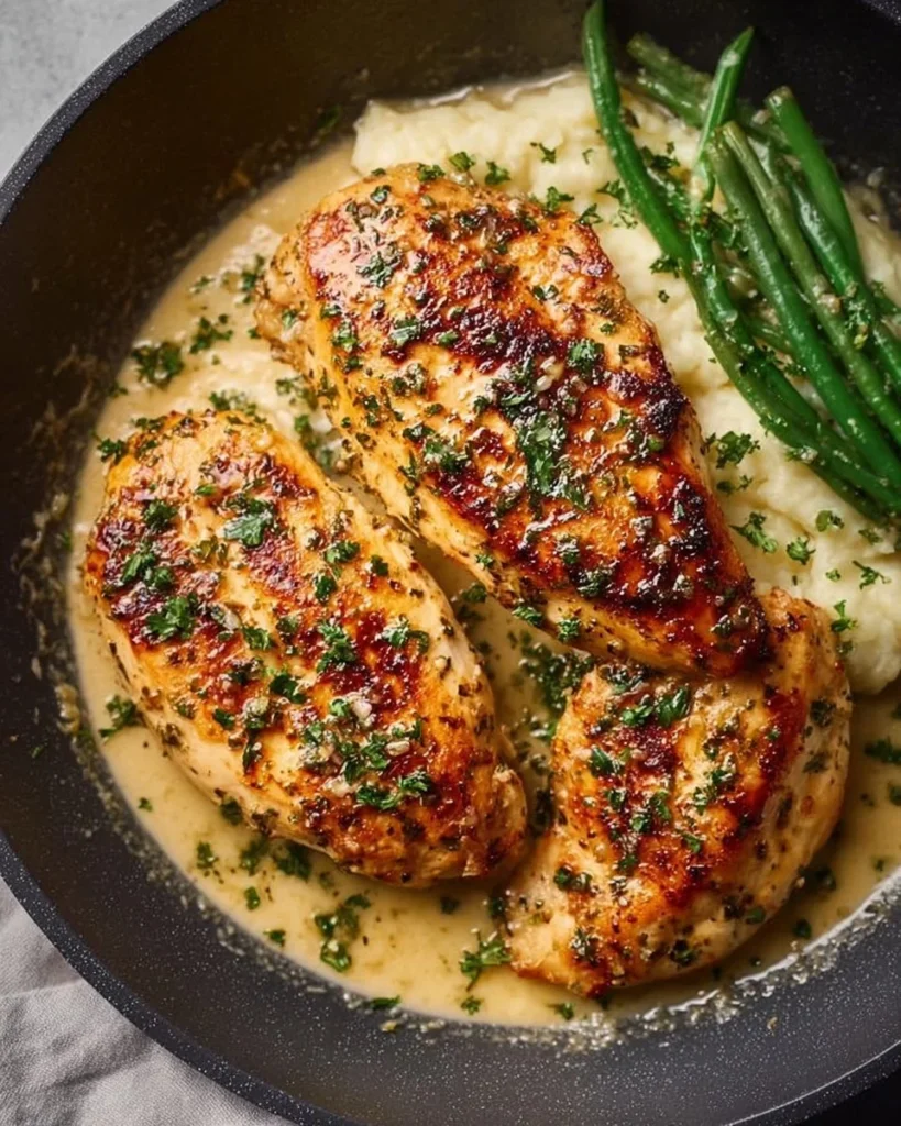 Creamy Garlic Parmesan Chicken Breast served on a plate with herbs