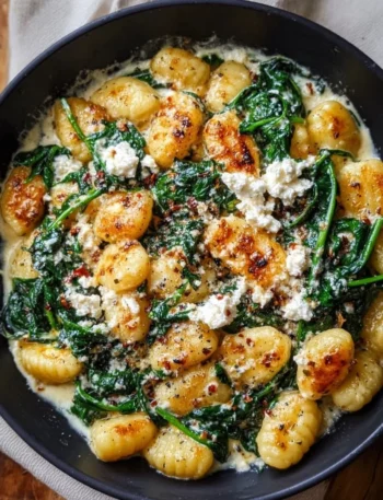 Plate of creamy gnocchi with spinach and feta cheese garnished with herbs