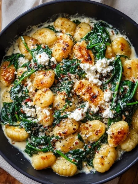 Plate of creamy gnocchi with spinach and feta cheese garnished with herbs