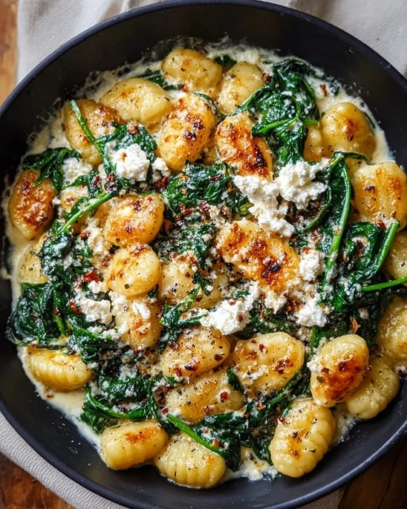 Plate of creamy gnocchi with spinach and feta cheese garnished with herbs