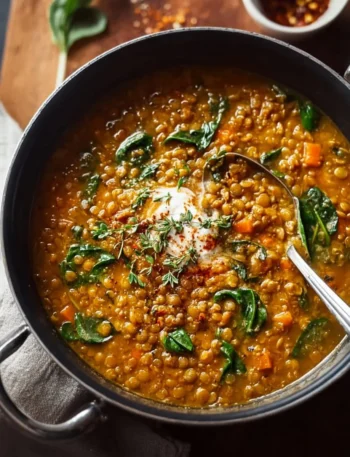 Bowl of creamy lentil soup topped with herbs and served with bread