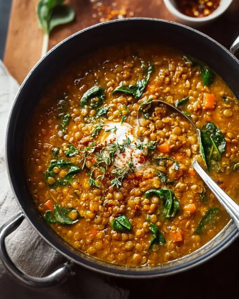 Bowl of creamy lentil soup topped with herbs and served with bread