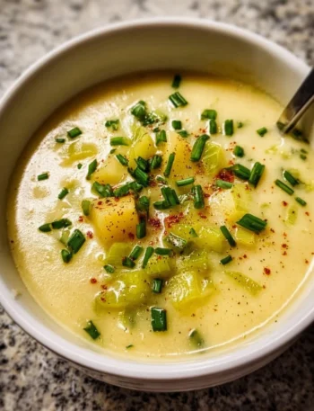 Bowl of creamy potato leek soup garnished with fresh herbs