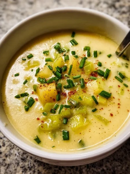 Bowl of creamy potato leek soup garnished with fresh herbs