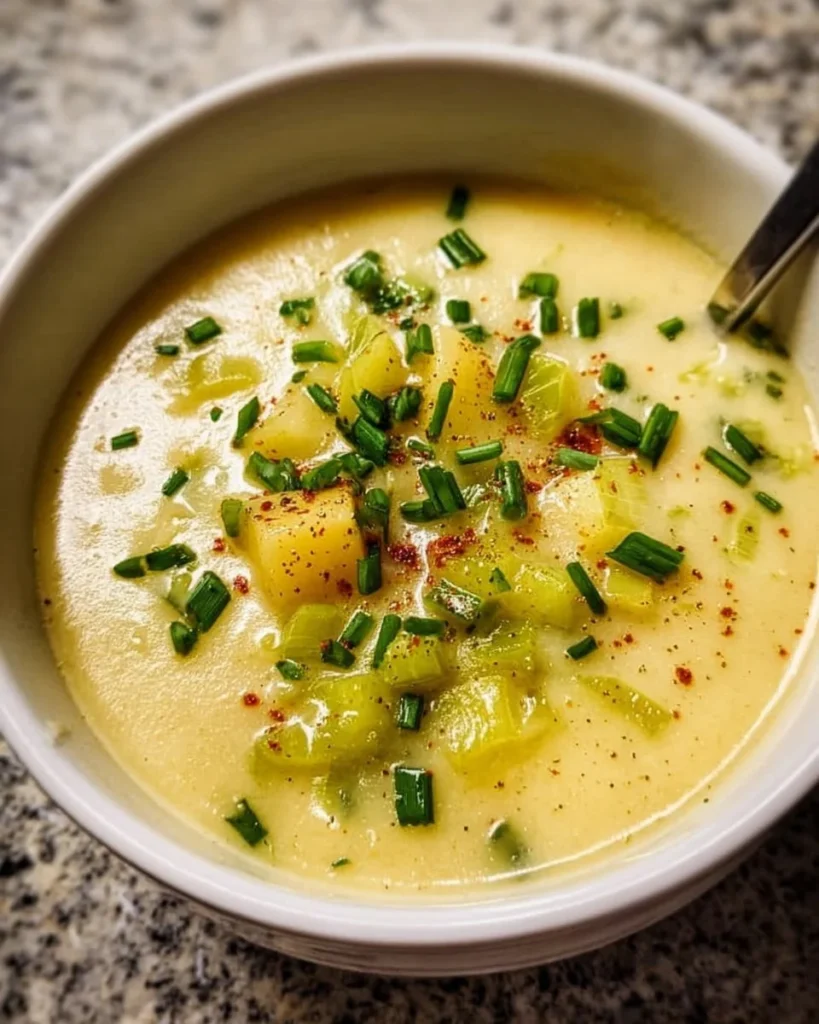 Bowl of creamy potato leek soup garnished with fresh herbs