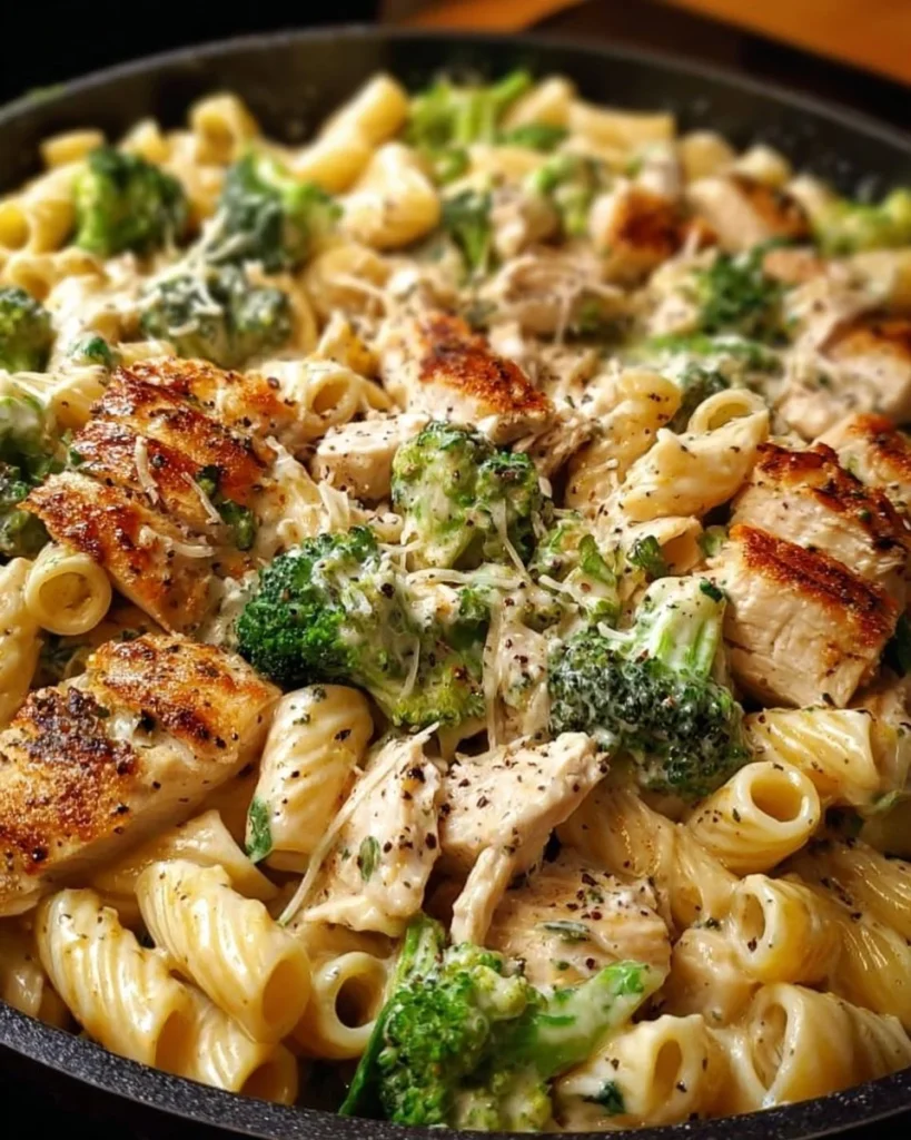Creamy Rotisserie Chicken Broccoli Pasta dish served in a bowl