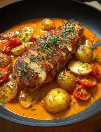 Creamy tomato chicken breast served on a plate with herbs
