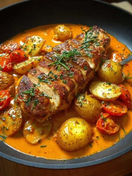 Creamy tomato chicken breast served on a plate with herbs