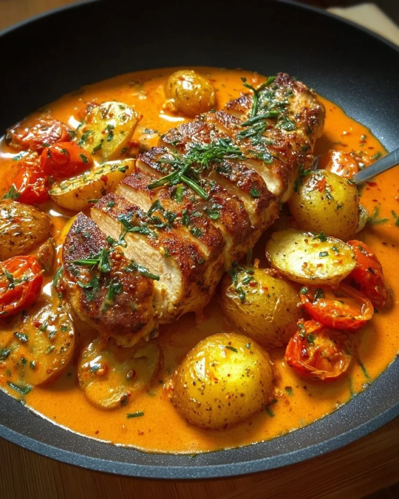 Creamy tomato chicken breast served on a plate with herbs