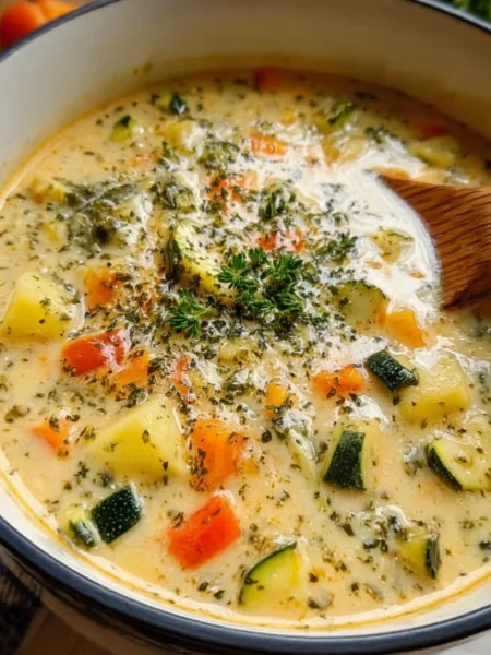 Bowl of creamy vegetable soup with fresh vegetables and herbs