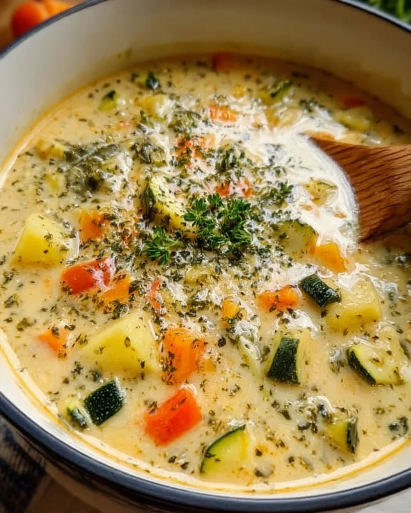 Bowl of creamy vegetable soup with fresh vegetables and herbs