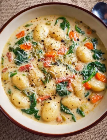 Bowl of creamy vegetarian gnocchi soup topped with fresh herbs