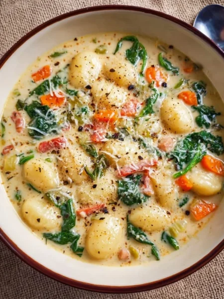 Bowl of creamy vegetarian gnocchi soup topped with fresh herbs