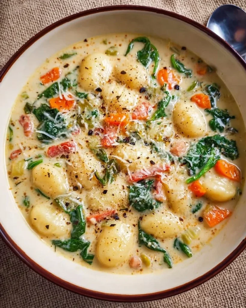 Bowl of creamy vegetarian gnocchi soup topped with fresh herbs