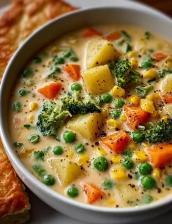 Bowl of creamy Veggie Pot Pie Soup with fresh vegetables and herbs