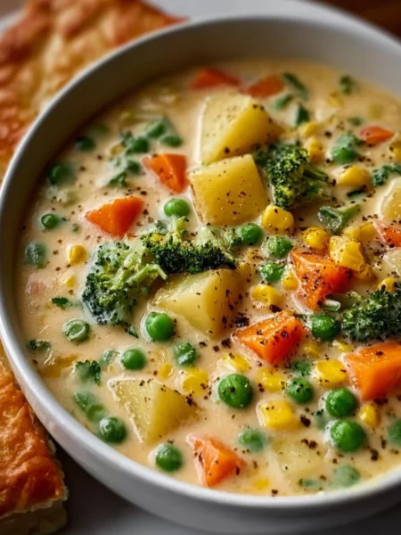 Bowl of creamy Veggie Pot Pie Soup with fresh vegetables and herbs