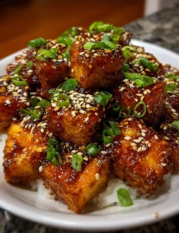 Crispy honey garlic tofu dish garnished with green onions, ready to serve.