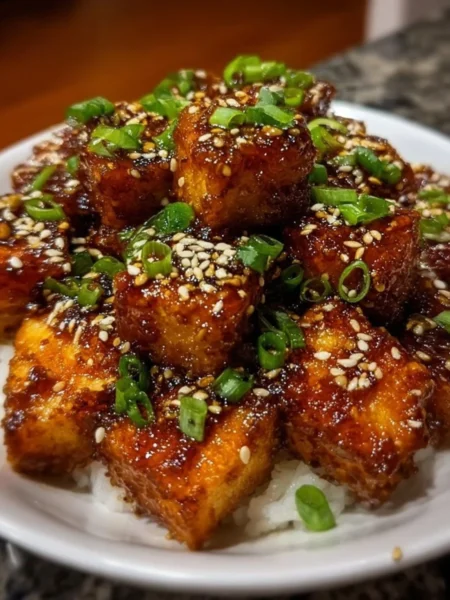 Crispy honey garlic tofu dish garnished with green onions, ready to serve.