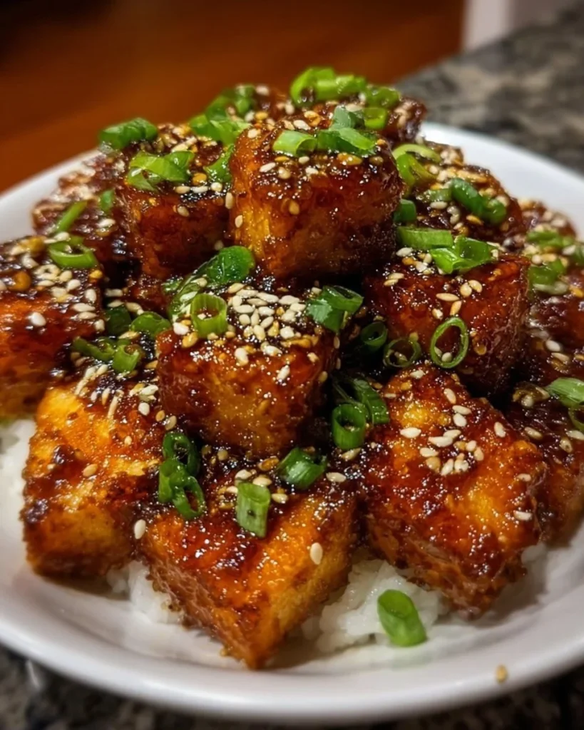Crispy honey garlic tofu dish garnished with green onions, ready to serve.
