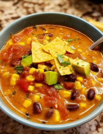 Delicious crockpot vegetarian tortilla soup served with tortilla strips and avocado.