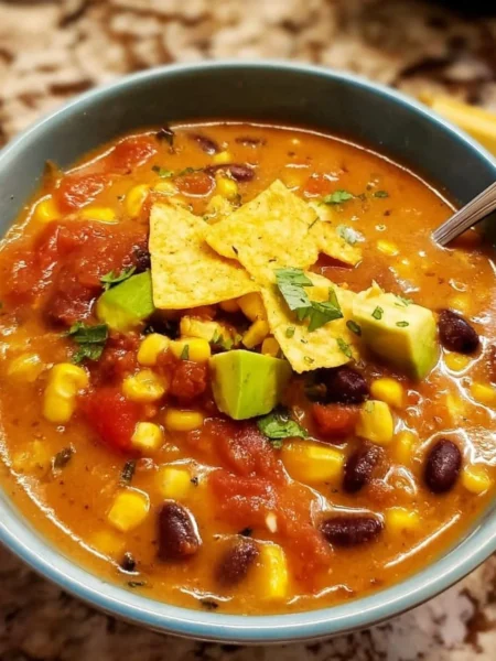 Delicious crockpot vegetarian tortilla soup served with tortilla strips and avocado.