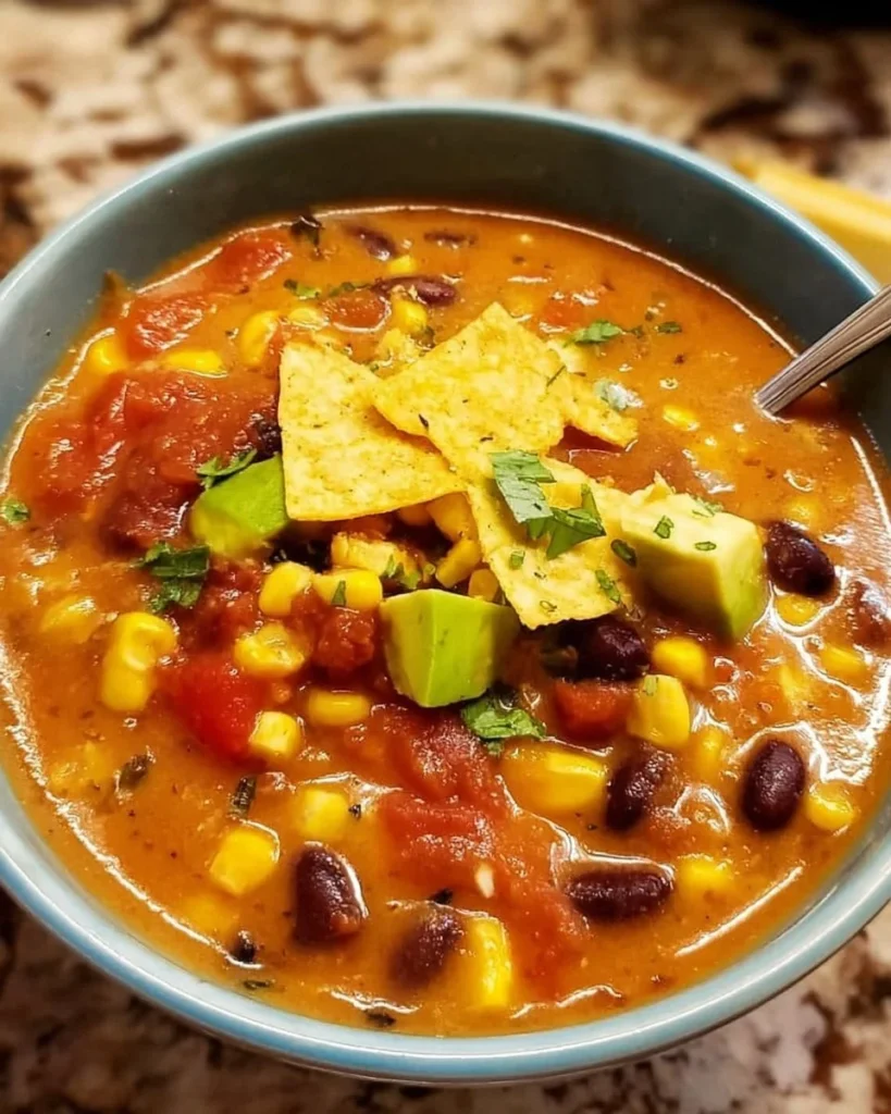 Delicious crockpot vegetarian tortilla soup served with tortilla strips and avocado.
