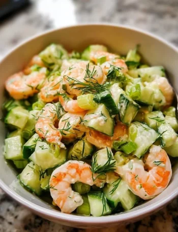 Delicious cucumber shrimp salad with fresh vegetables and herbs