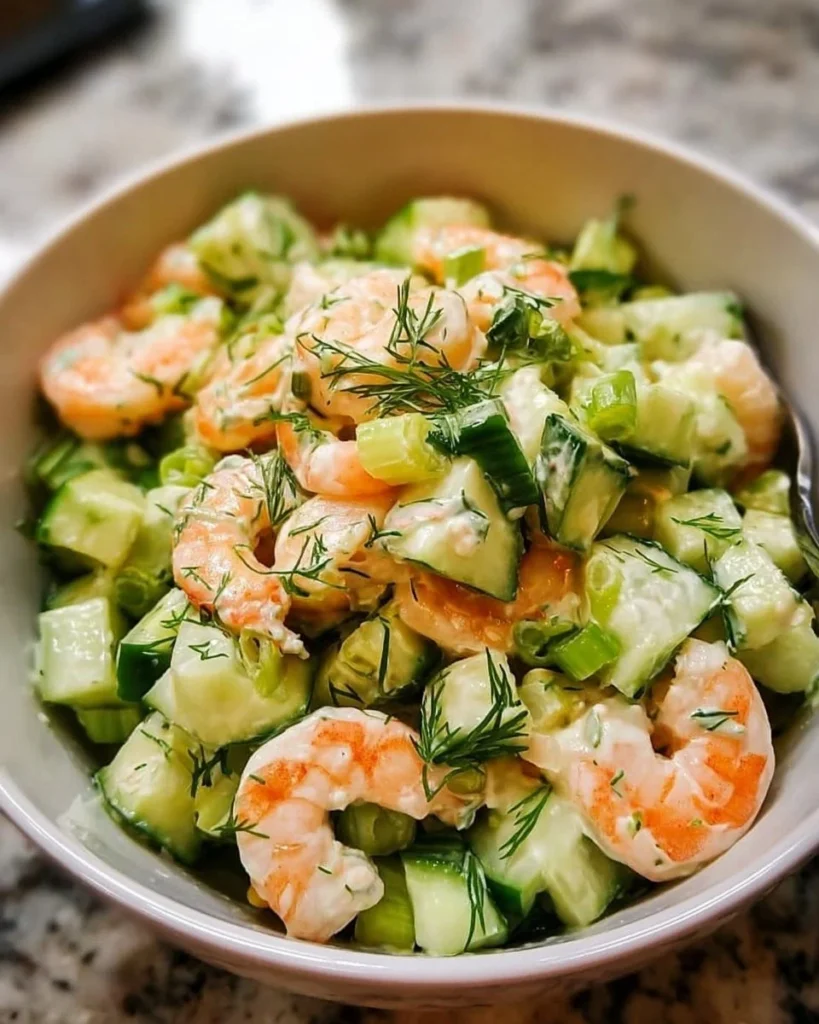 Delicious cucumber shrimp salad with fresh vegetables and herbs