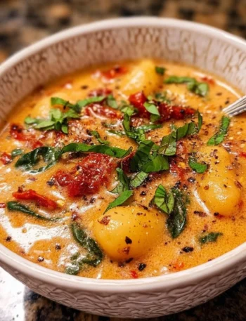 Bowl of dairy-free sun dried tomato gnocchi soup garnished with fresh herbs.