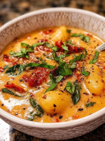 Bowl of dairy-free sun dried tomato gnocchi soup garnished with fresh herbs.