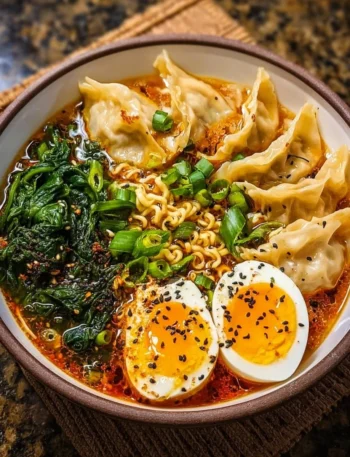 Delicious dumpling ramen bowl with rich broth and toppings