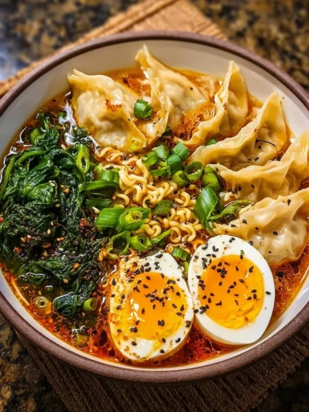 Delicious dumpling ramen bowl with rich broth and toppings