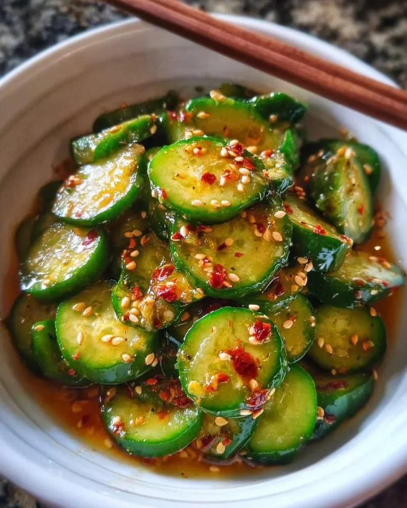 Bowl of Easy Asian Cucumber Salad with fresh cucumbers and sesame dressing