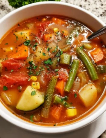 Bowl of easy vegetable soup with colorful vegetables and herbs