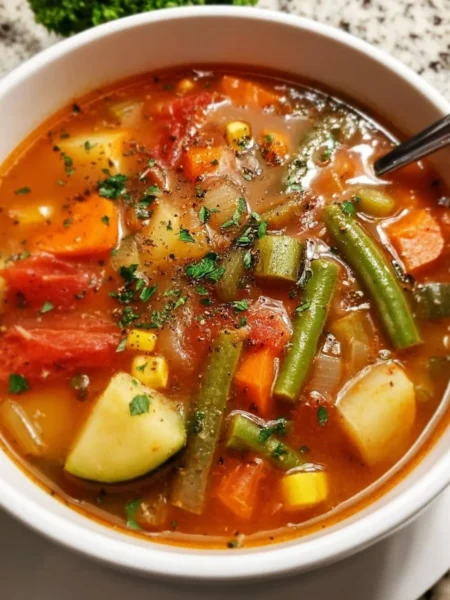 Bowl of easy vegetable soup with colorful vegetables and herbs