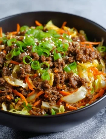 Delicious egg roll in a bowl featuring fresh vegetables and ground meat