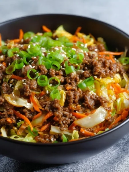 Delicious egg roll in a bowl featuring fresh vegetables and ground meat