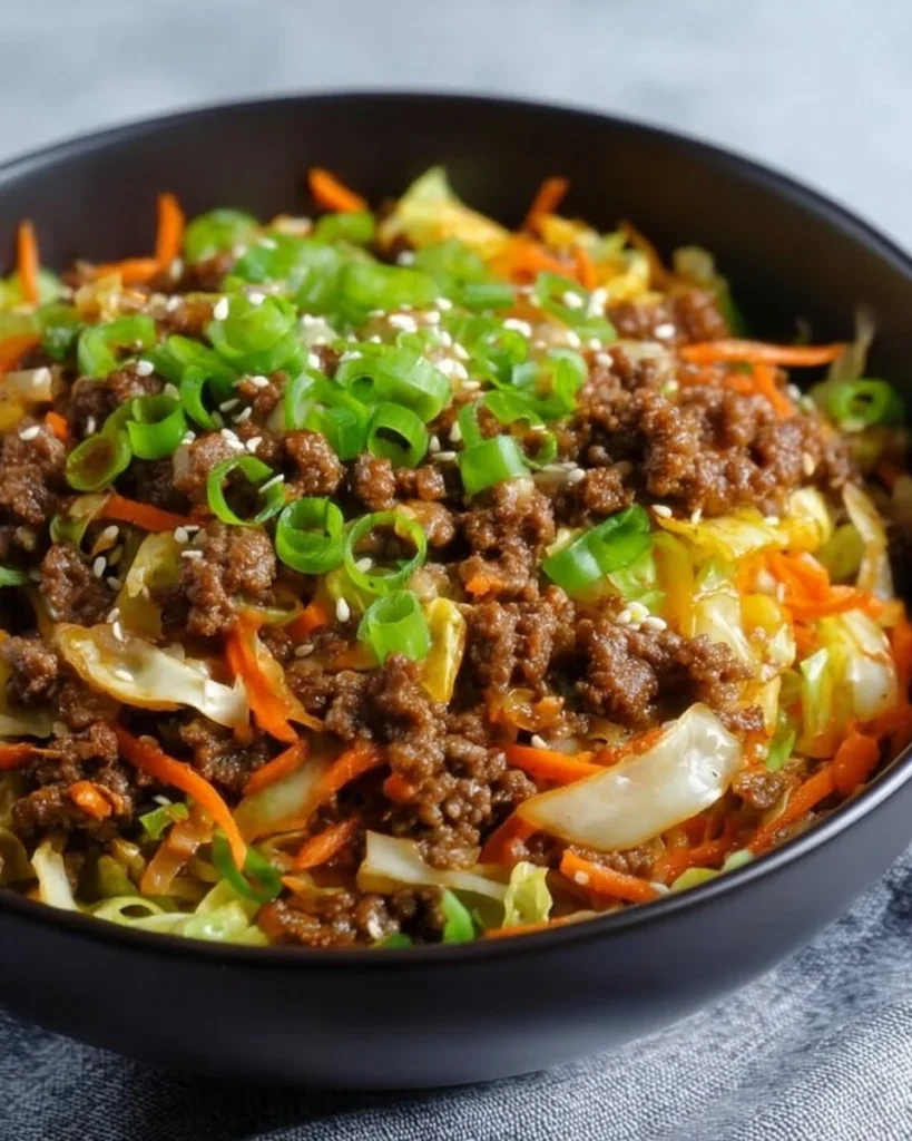 Delicious egg roll in a bowl featuring fresh vegetables and ground meat