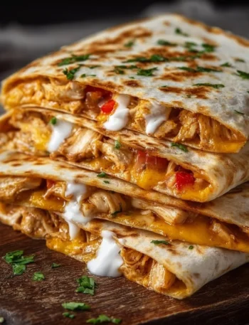 Delicious homemade chicken quesadilla served with salsa and sour cream