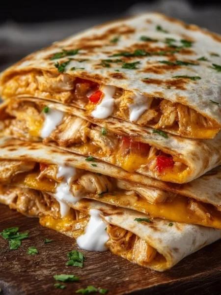 Delicious homemade chicken quesadilla served with salsa and sour cream