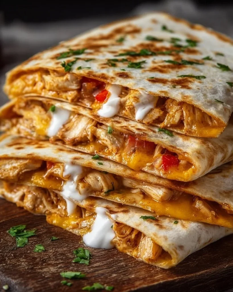 Delicious homemade chicken quesadilla served with salsa and sour cream