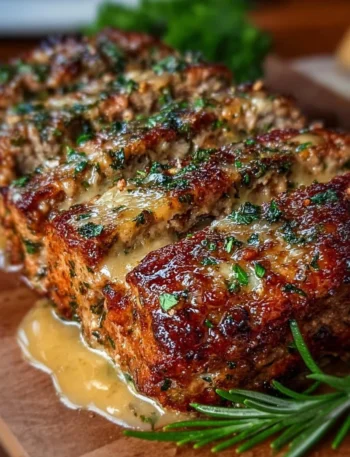 Garlic Parmesan Chicken Meatloaf topped with herbs and cheese on a plate