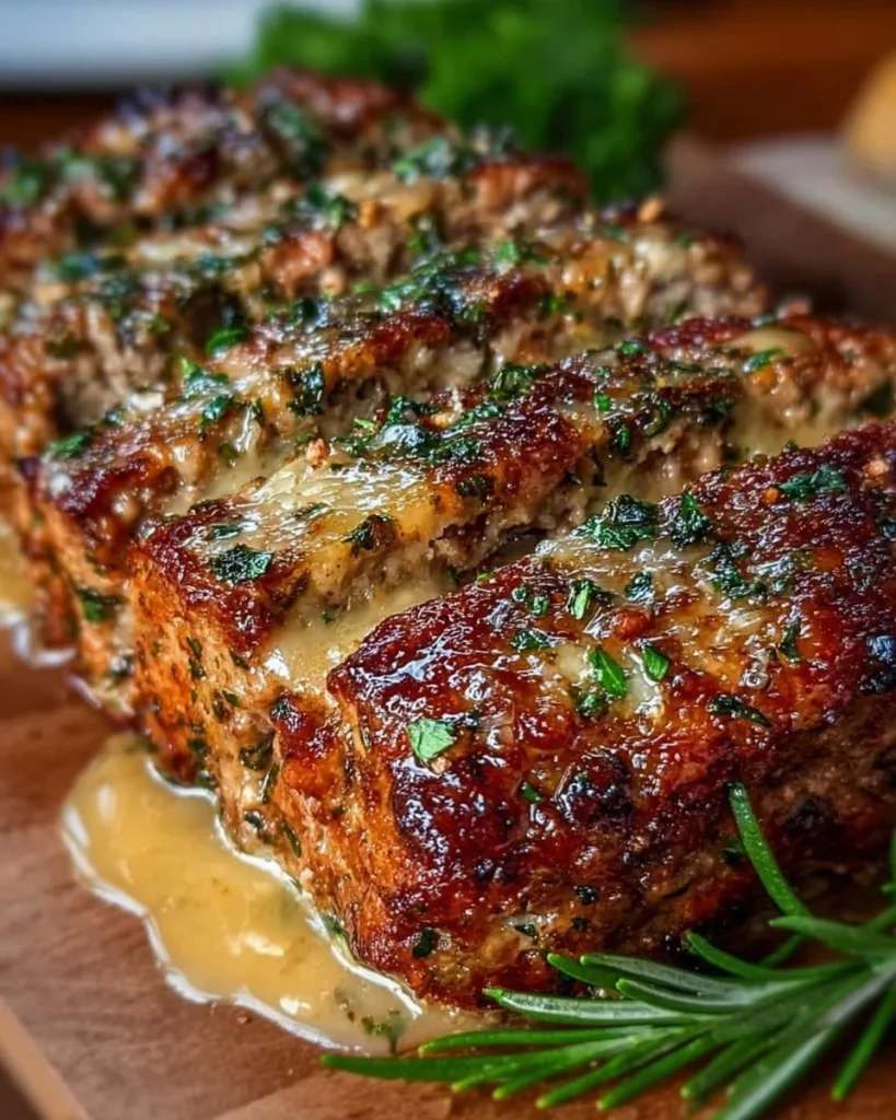 Garlic Parmesan Chicken Meatloaf topped with herbs and cheese on a plate