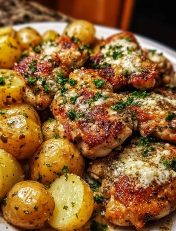 Garlic Parmesan Chicken Thighs with roasted potatoes on a plate