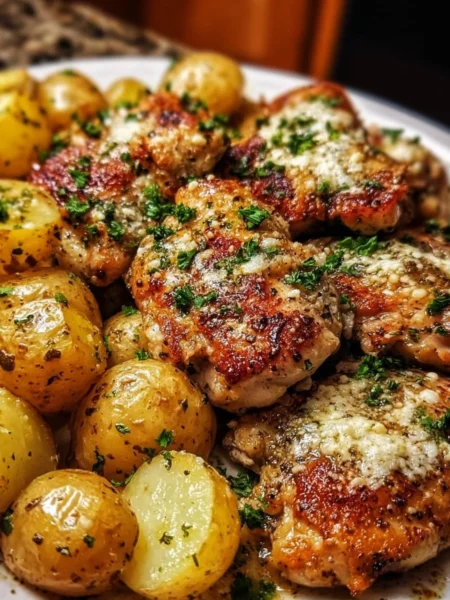 Garlic Parmesan Chicken Thighs with roasted potatoes on a plate